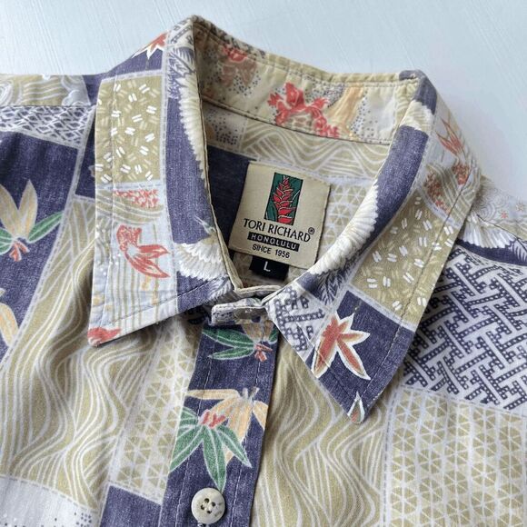 Tori Richard Hawaii Shirt L Cranes Koi Patch Print 100% Cotton Aloha - Picture 8 of 14